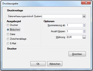 Druckausgabe-Dialog QR Code mit Ausgabeziel Bildschirm anzeigen