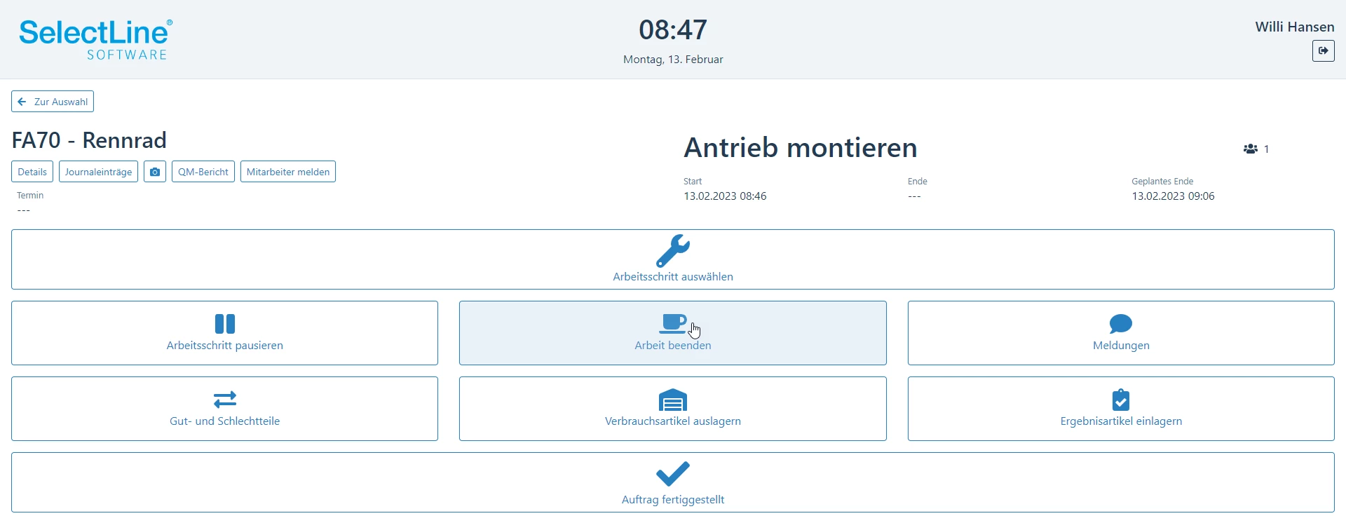 Screenshot der Mitarbeiteraktion Planzeit gestartet in SelectLine BDE