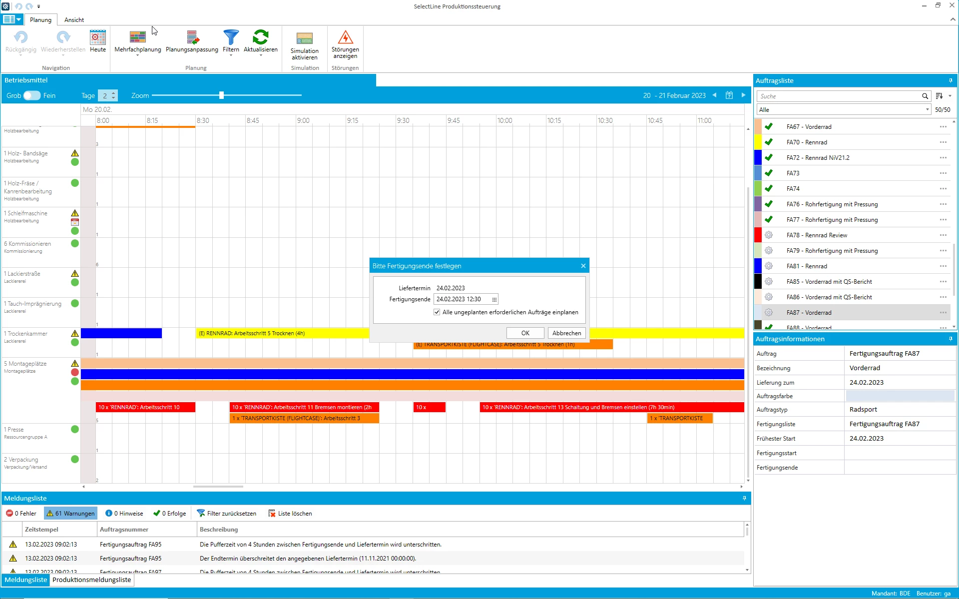 Screenshot von der Terminierung eines Liefertermins in der SelectLine Produktionssteuerung