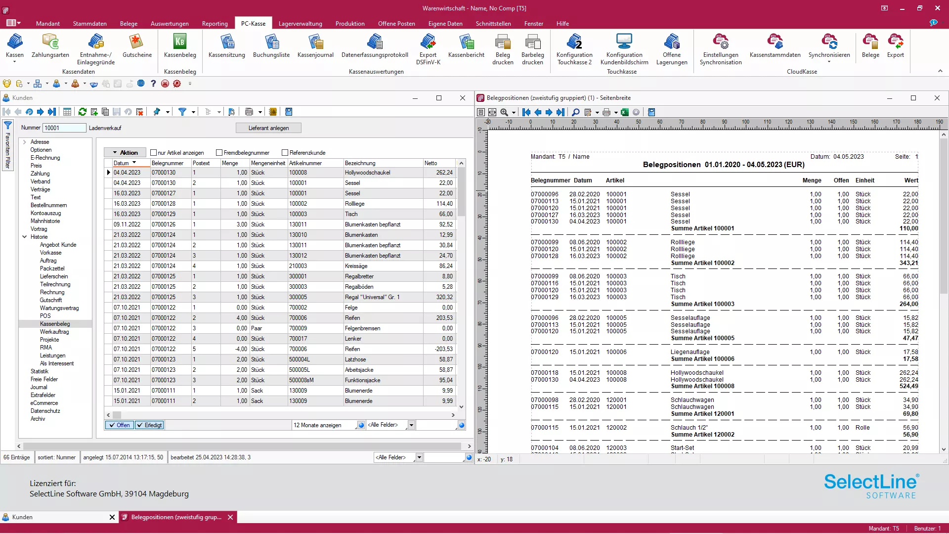 Screenshot ausgewerteter Belegpositionen aus dem Ladenverkauf aus der SelectLine Warenwirtschaft