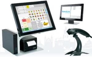 Kassensysteme Zusammenschnitt aus zwei Kassenbildschirmen, einem Bondrucker sowie einem Scanner