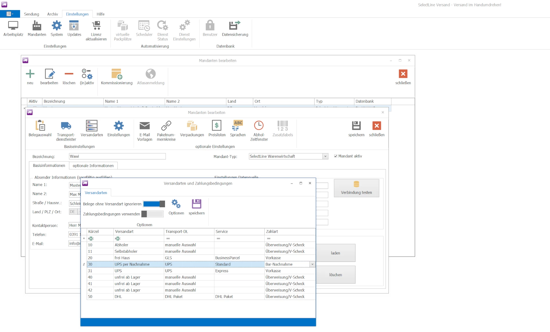 Screenshot mit Versand und Zahlungsarten verschiedener Dienstleister in SelectLine Versand