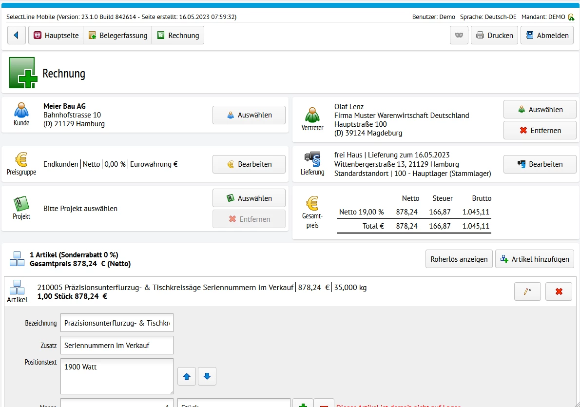 Screenshot mit der Erstellung einer Rechnung mit SelectLine Mobile
