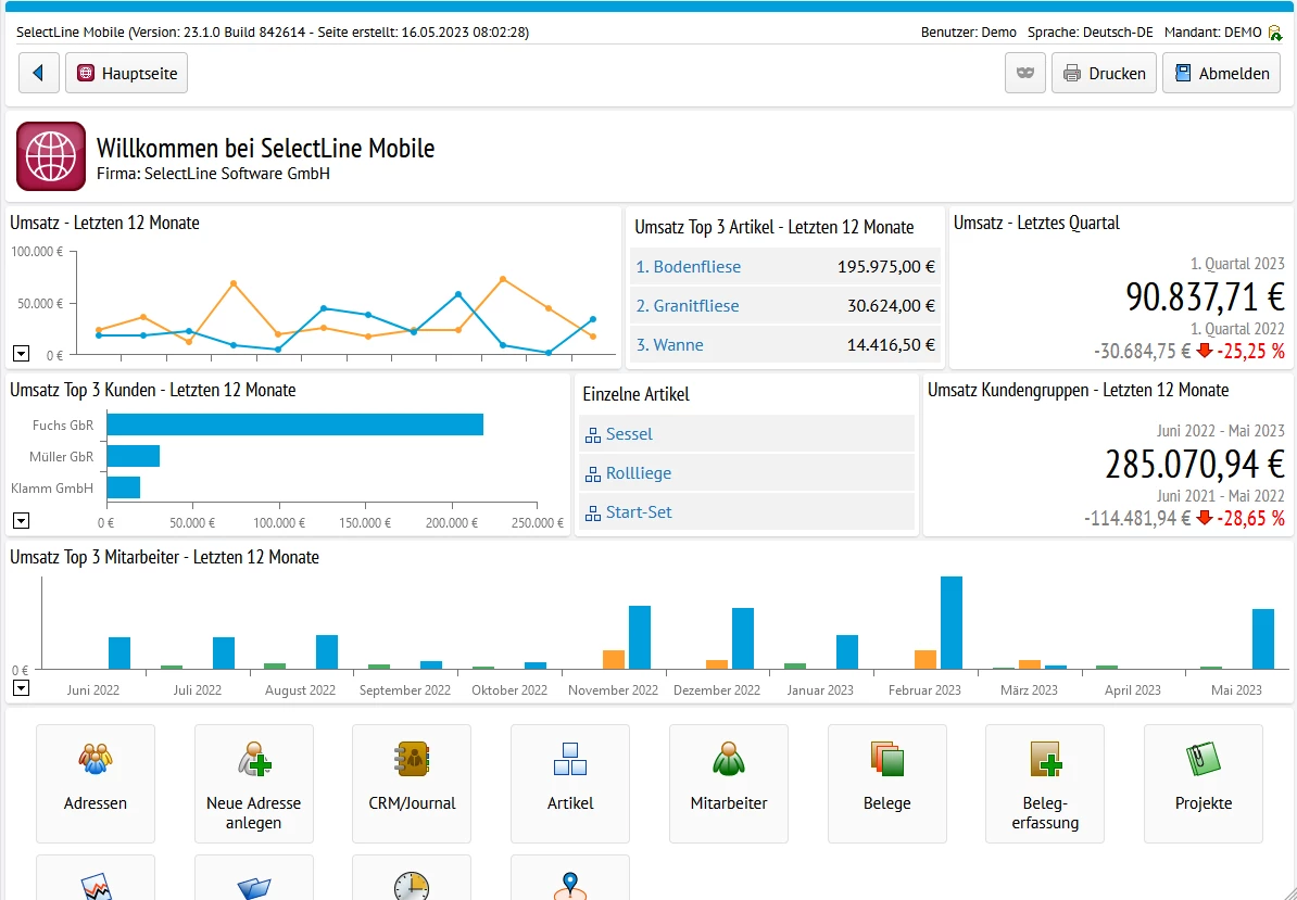 Screenshot des SelectLine Mobile Dashboards mit Auswertungen und Diagrammen