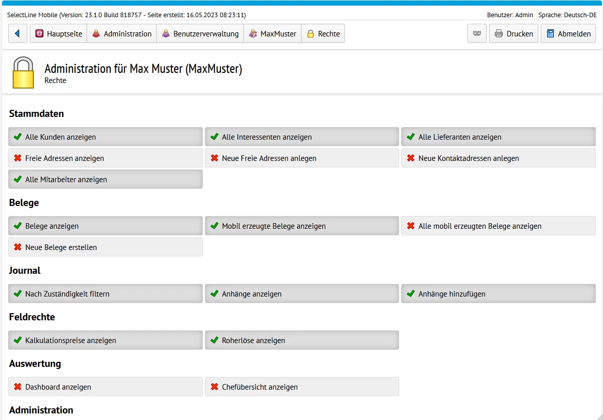 Screenshot der SelectLine Mobile Rechteverwaltung