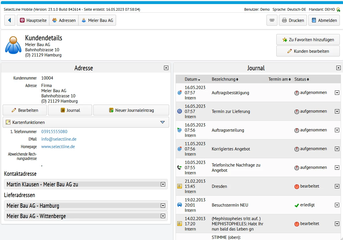 Screenshot einer aufgerufenen Kundenkartei in SelectLine Mobile