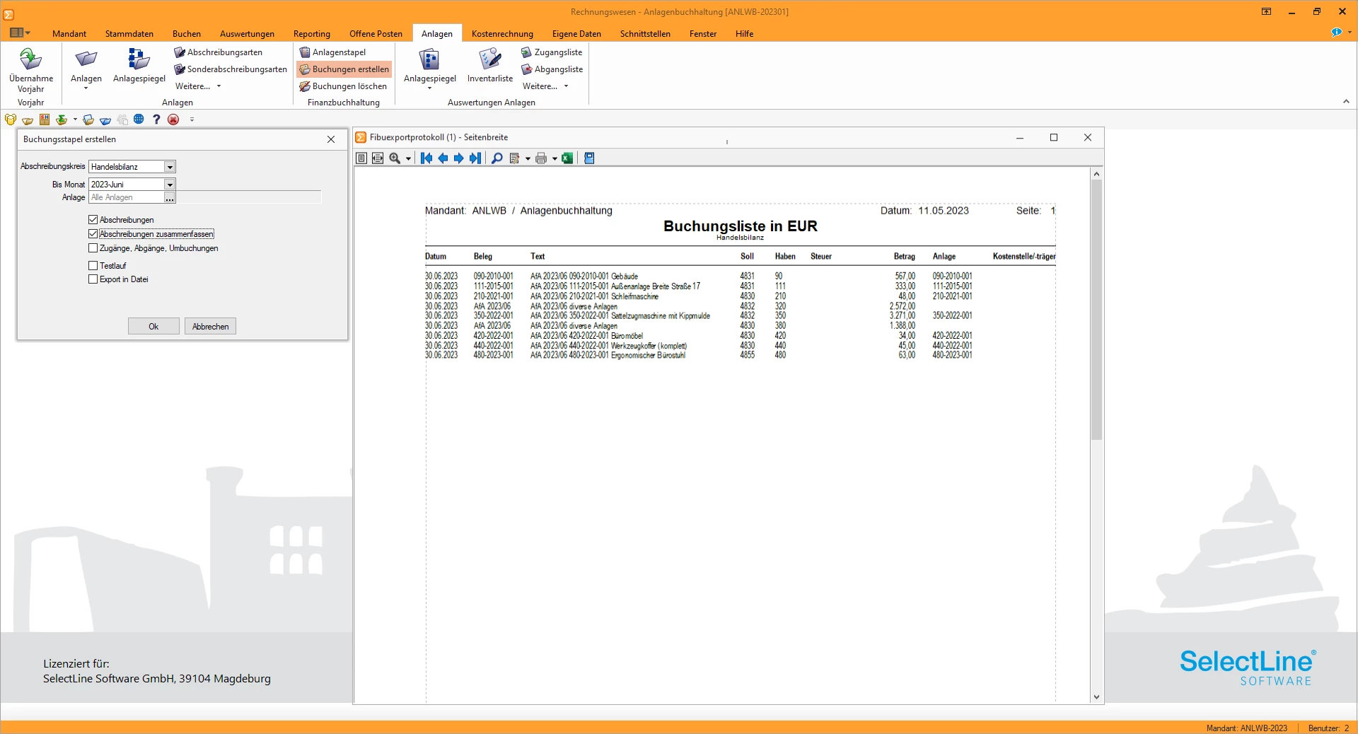 Screenshot eines Fibuexportprotokolls und der Erstellung eines Buchungsstapels in der SelectLine Anlagenbuchhaltung