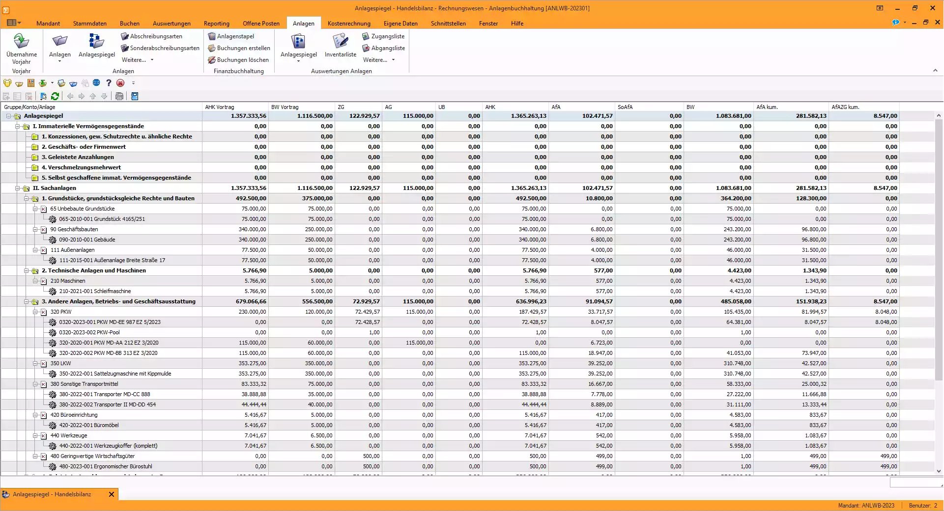 Screenshot des Anlagenspiegels in der SelectLine Anlagenbuchhaltung
