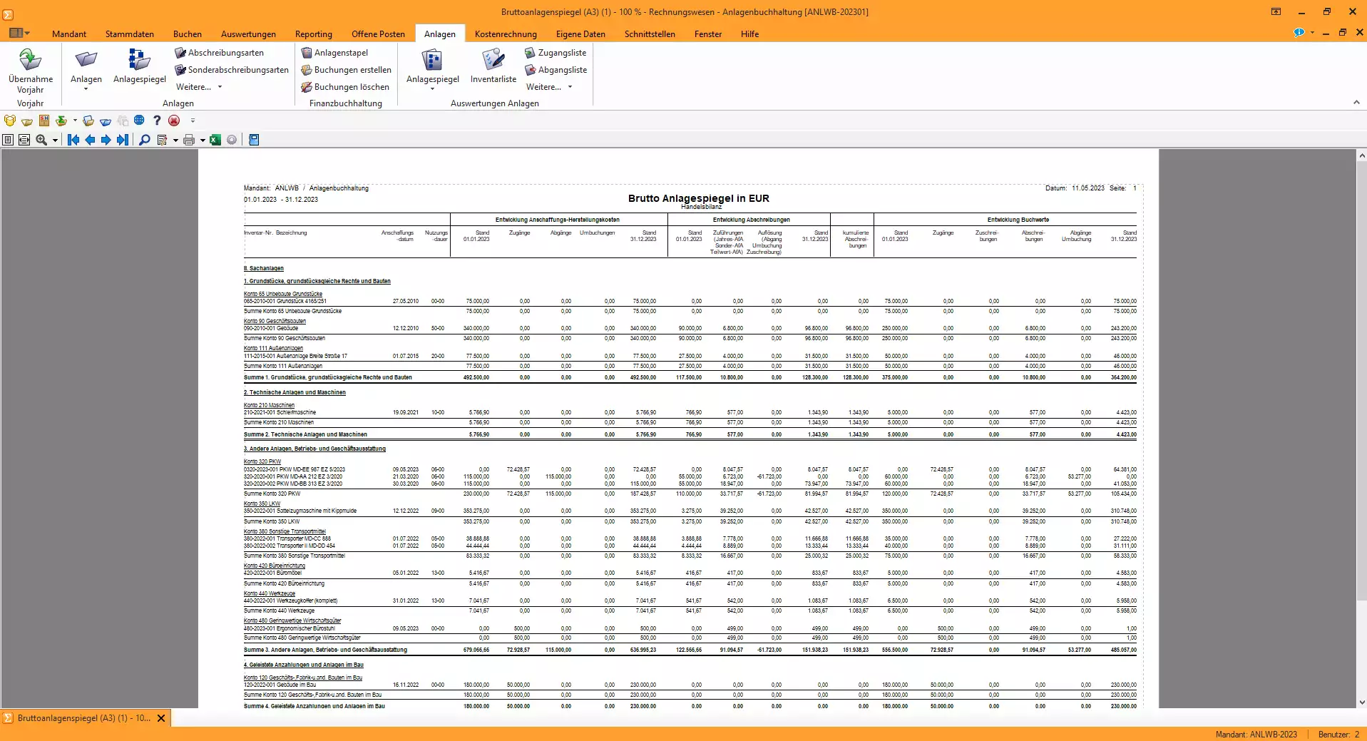 Screenshot des Bruttoanlagenspiegels der SelectLine Anlagenbuchhaltung