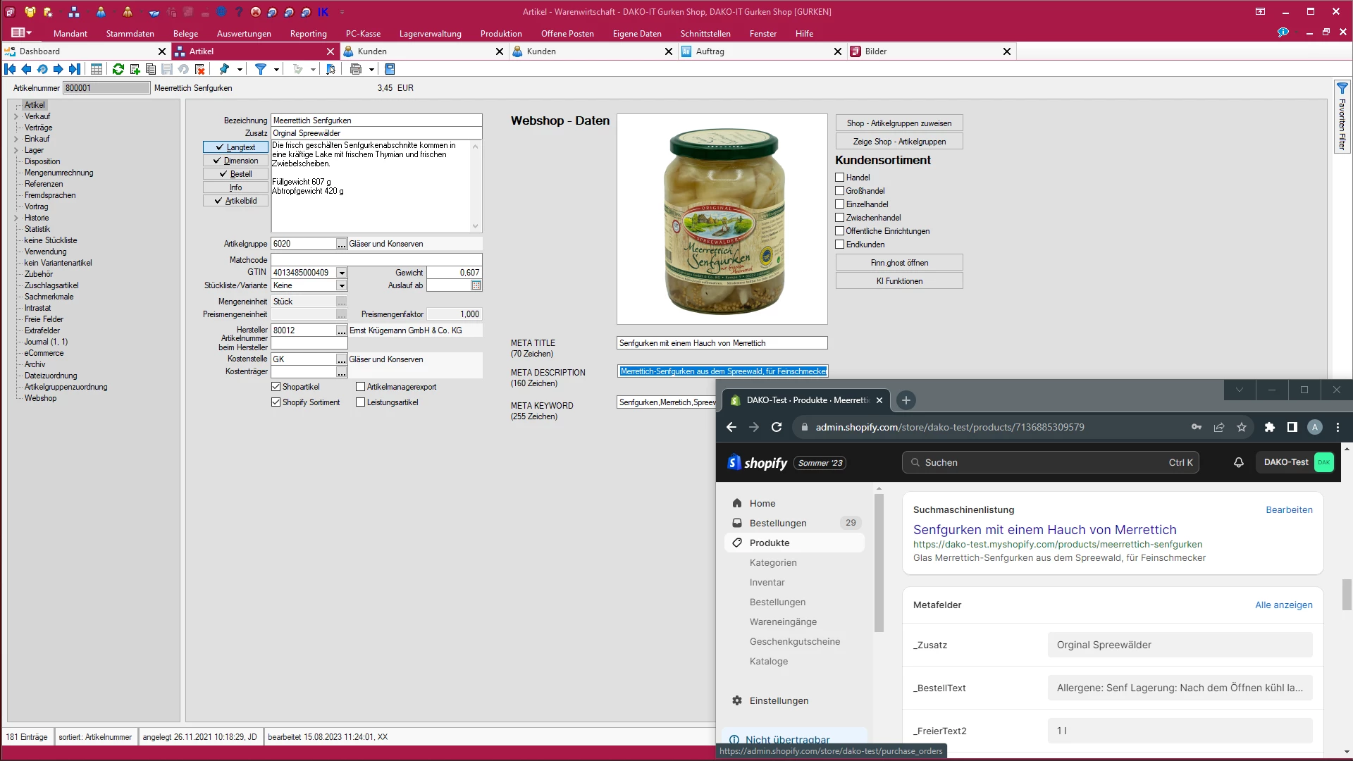 Screenshot SEO Meta Daten aus der SelectLine Warenwirtschaft in Shopify