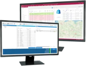 TeaserShopanbindungen Zwei Monitore in denen die Shopware- sowie Shopify-Schnittstelle von SelectLine geöffnet sind