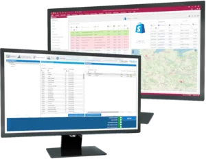 Zwei Monitore in denen die Shopware- sowie Shopify-Schnittstelle von SelectLine geöffnet sind
