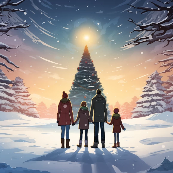 Familie vor einem weihnachtlich geschmückten Baum im Schnee