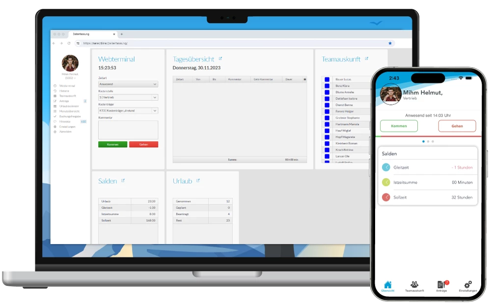 Teaserbild für die SelectLine Zeiterfassung: Laptop und Handy mit Screenshots der Web App