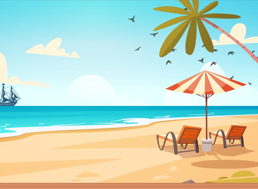 Zeiterfassung - Antragsgenehmigung: Strand mit Liegen und Sonnenschirm unter einer Palme