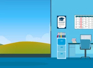 Startseite_Profit Helles Büro mit Schreibtisch, Computer und Zertifikat an der Wand.