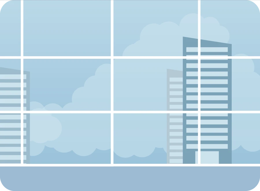 Illustration eines großen Fensters mit mehreren Scheiben, durch das Hochhäuser und Wolken am Himmel sichtbar sind.