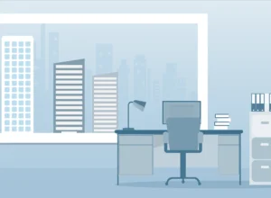 Buero_mit_Fenster Illustriertes Büro mit Schreibtisch, Monitor, Lampe und Bürostuhl vor einem großen Fenster mit Stadtblick