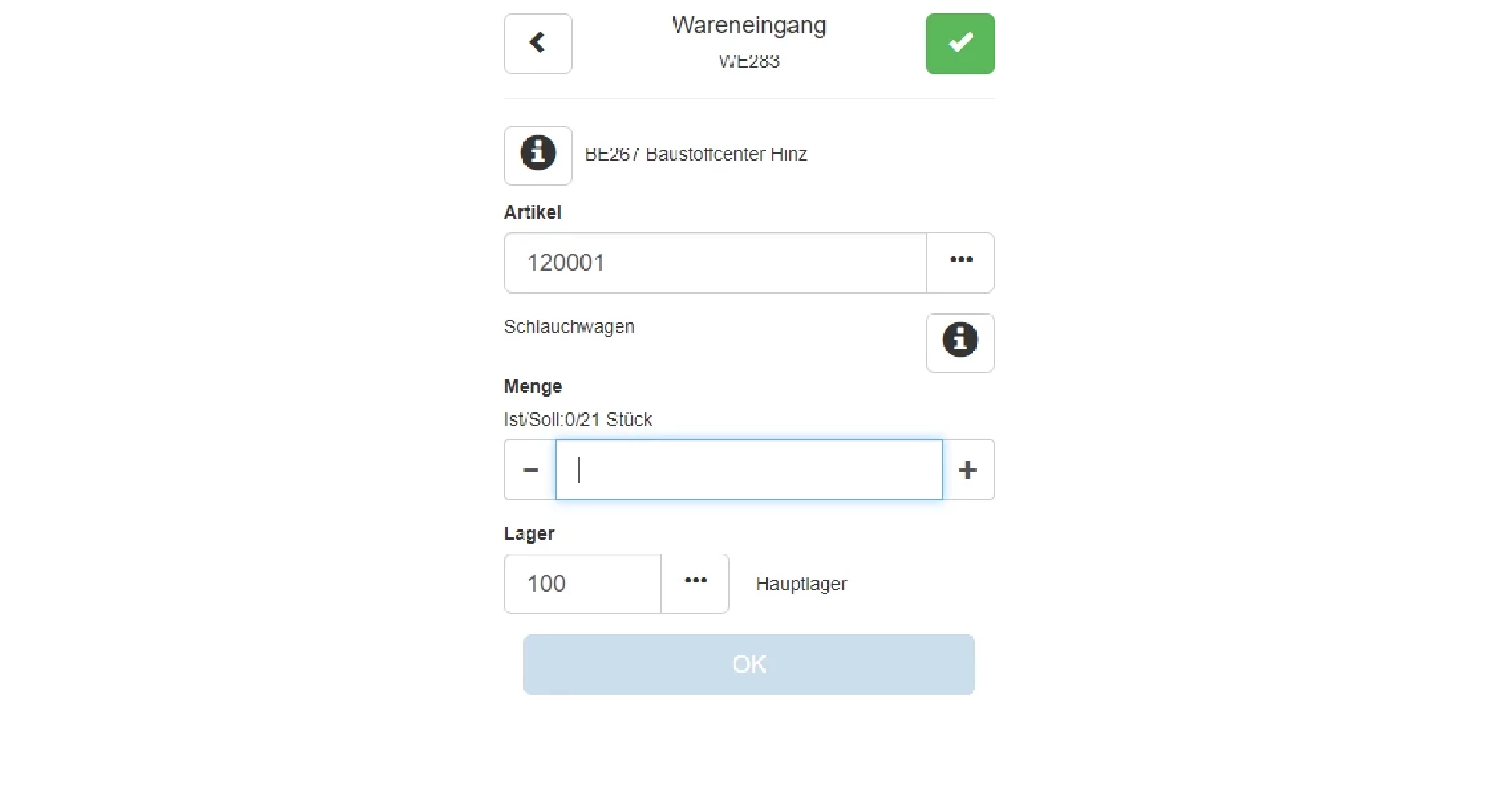 Screenshot eines Wareneinganges über SelectLine MDE