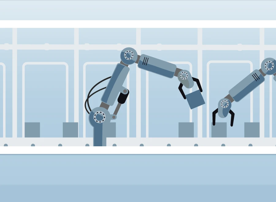 Illustration von zwei Roboterarmen, die an einer automatisierten Produktionslinie arbeiten, sich bewegen und Pakete platzieren