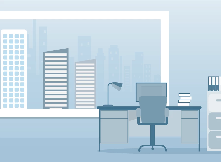 Illustration eines Büros mit Schreibtisch, Computer, Lampe und Blick auf Hochhäuser durch ein großes Fenster.