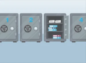 Bueroraum_mit_Safe Illustration von vier Tresoren, einer davon geöffnet, mit Aktenordnern und Dokumenten darin.